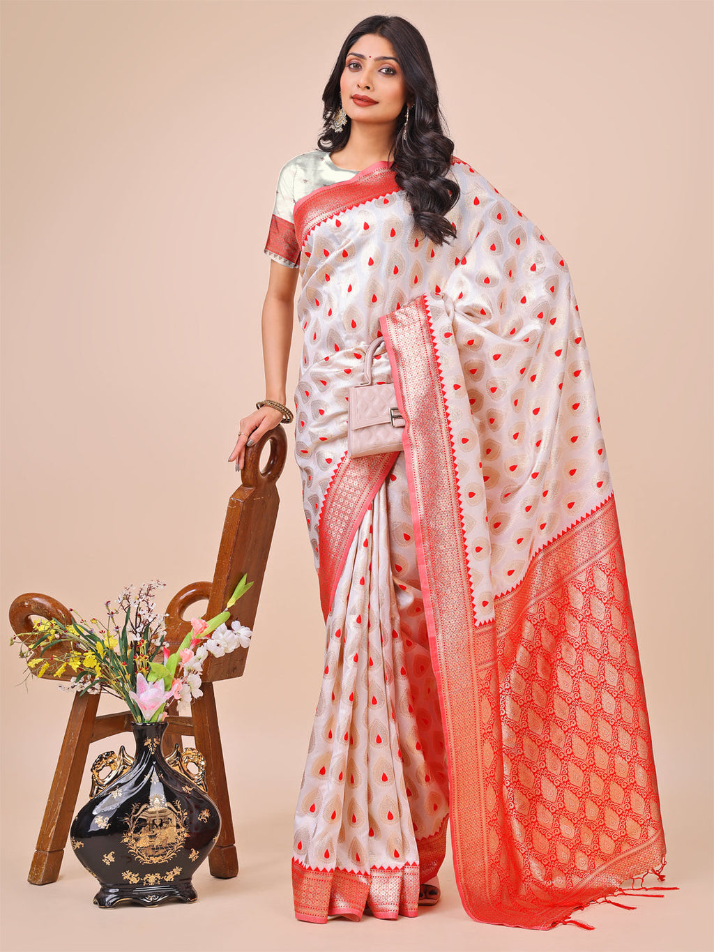Shree Shyam Fashion White & Red Banarasi Silk Saree with Teardrop Weaving & Rich Zari Pallu - Traditional Elegance for Festive Looks
