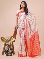 Shree Shyam Fashion White & Red Banarasi Silk Saree with Teardrop Weaving & Rich Zari Pallu - Traditional Elegance for Festive Looks
