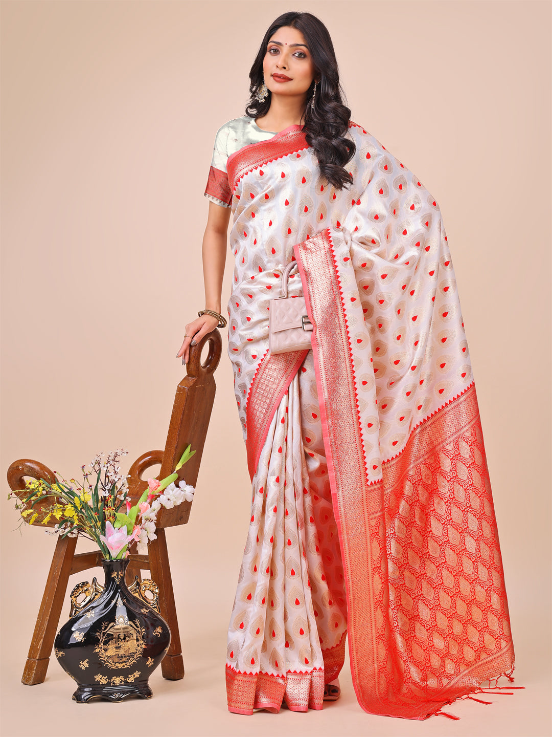 Shree Shyam Fashion White & Red Banarasi Silk Saree with Teardrop Weaving & Rich Zari Pallu - Traditional Elegance for Festive Looks