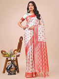 Shree Shyam Fashion White & Red Banarasi Silk Saree with Teardrop Weaving & Rich Zari Pallu - Traditional Elegance for Festive Looks