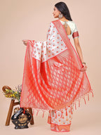 Shree Shyam Fashion White & Red Banarasi Silk Saree with Teardrop Weaving & Rich Zari Pallu - Traditional Elegance for Festive Looks