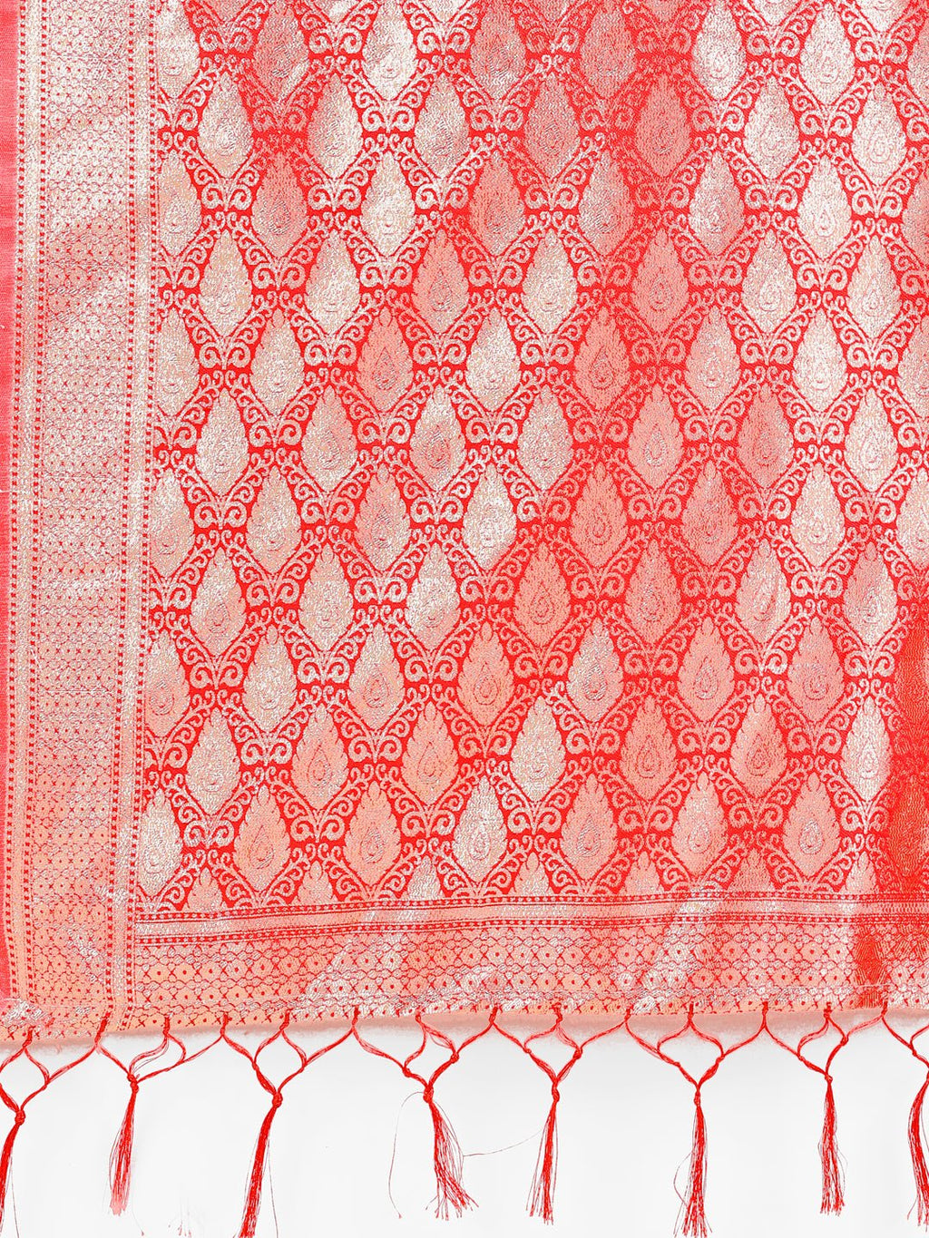 Shree Shyam Fashion White & Red Banarasi Silk Saree with Teardrop Weaving & Rich Zari Pallu - Traditional Elegance for Festive Looks