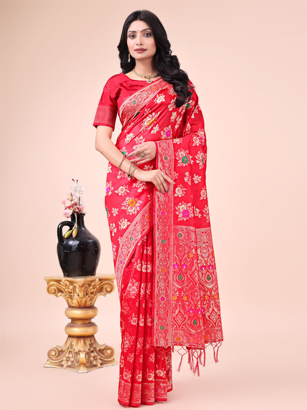 Shree Shyam Fashion Red Banarasi Silk Saree with Floral Zari Weaving - Festive Traditional Elegance for Weddings & Celebrations