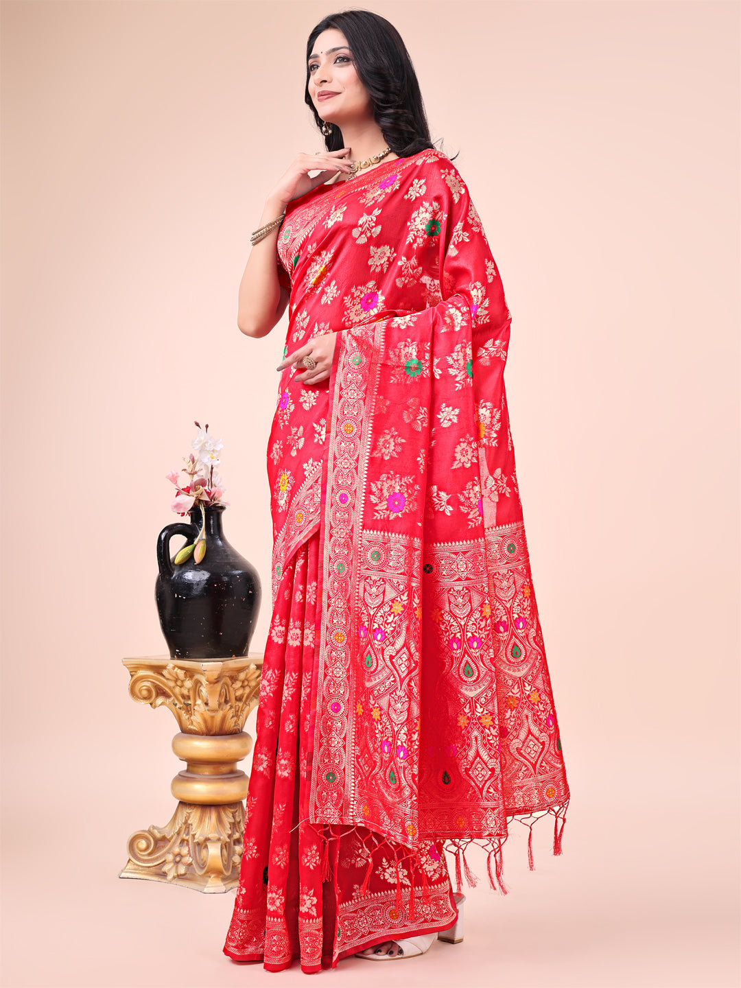 Shree Shyam Fashion Red Banarasi Silk Saree with Floral Zari Weaving - Festive Traditional Elegance for Weddings & Celebrations