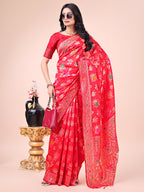 Shree Shyam Fashion Red Banarasi Silk Saree with Floral Zari Weaving - Festive Traditional Elegance for Weddings & Celebrations