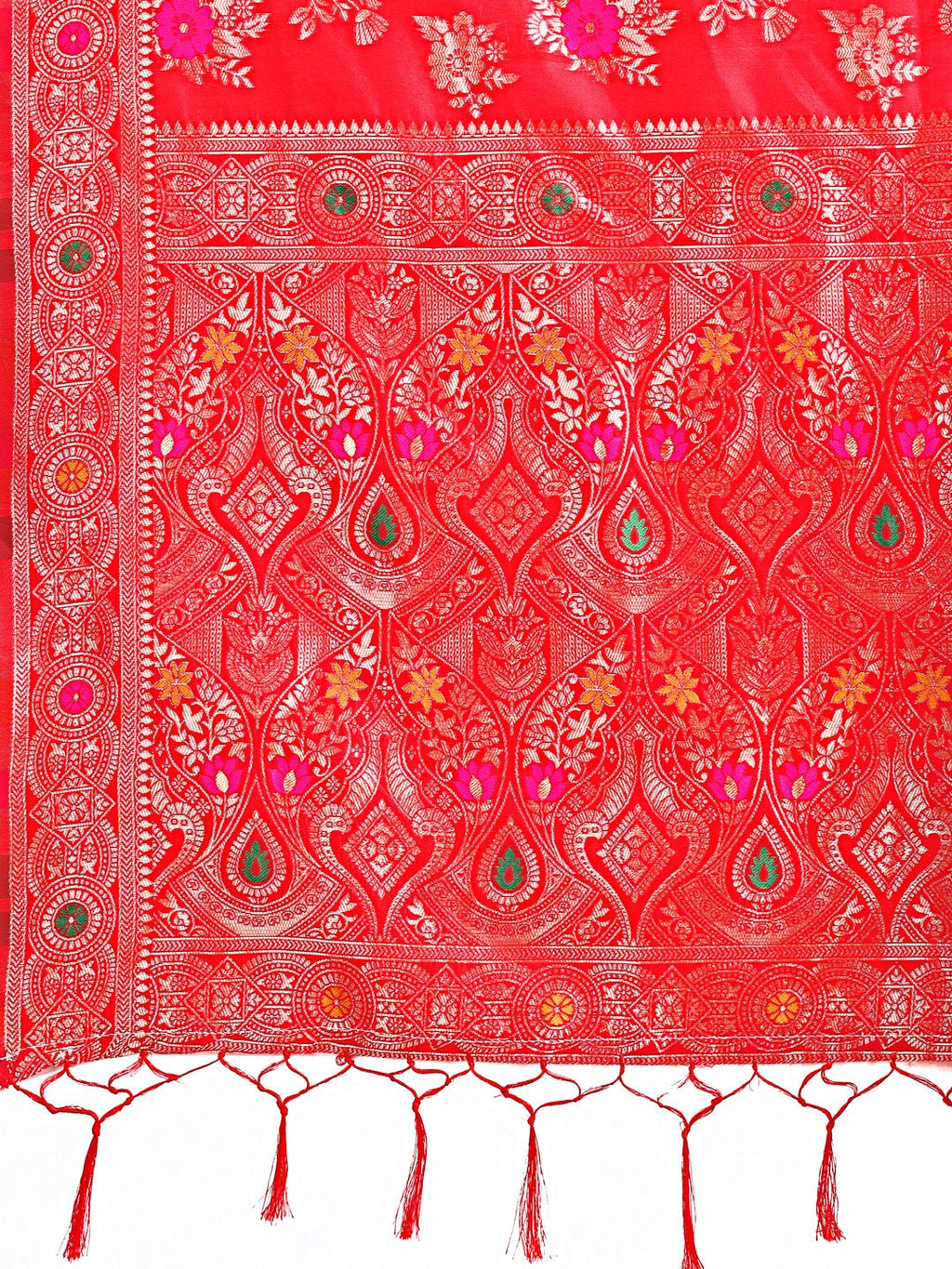Shree Shyam Fashion Red Banarasi Silk Saree with Floral Zari Weaving - Festive Traditional Elegance for Weddings & Celebrations