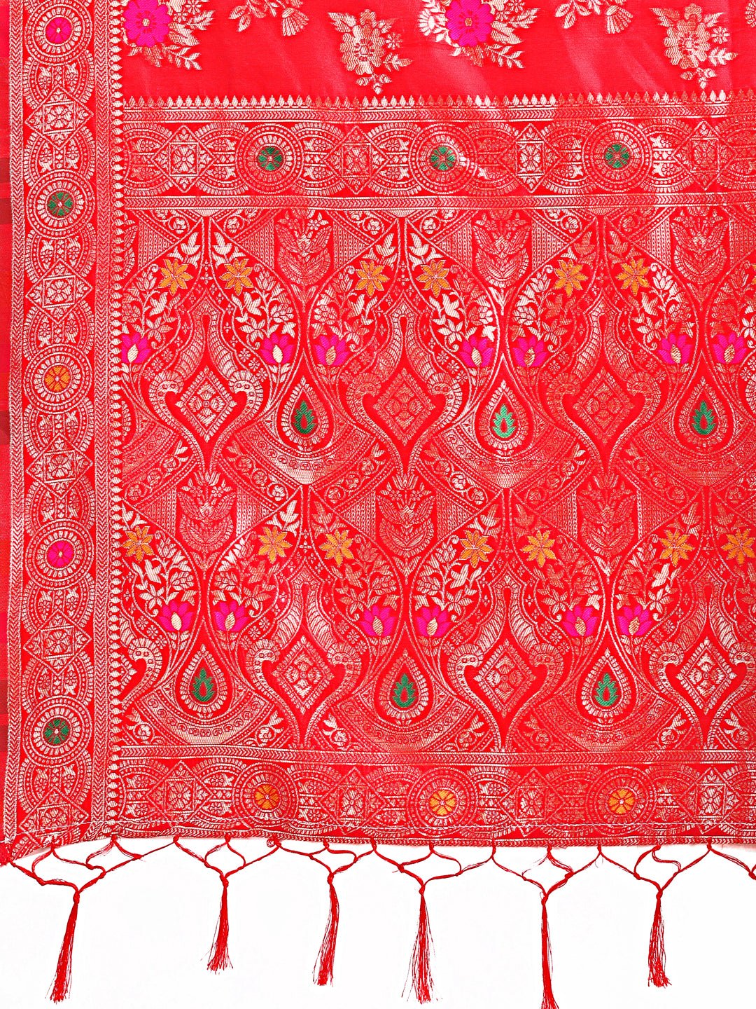 Shree Shyam Fashion Red Banarasi Silk Saree with Floral Zari Weaving - Festive Traditional Elegance for Weddings & Celebrations