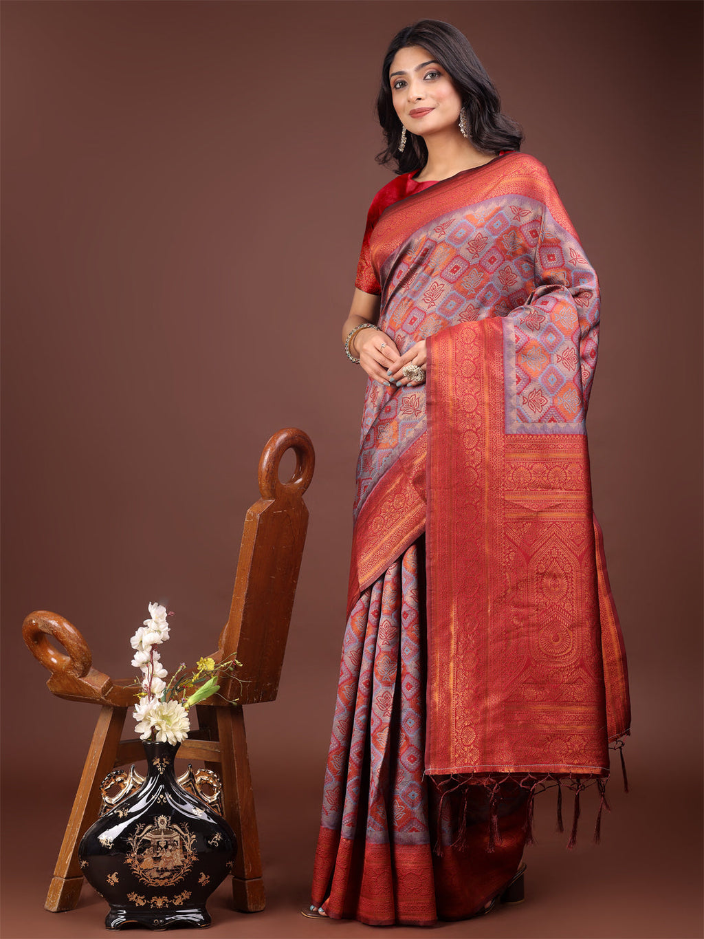Shree Shyam Fashion Majestic Red & Grey Silk Saree with Rich Woven Pallu - A Regal Touch for Special Moments