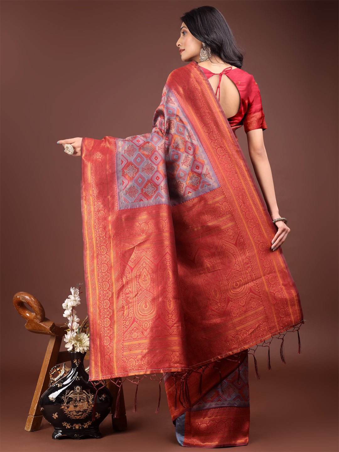 Shree Shyam Fashion Majestic Red & Grey Silk Saree with Rich Woven Pallu - A Regal Touch for Special Moments