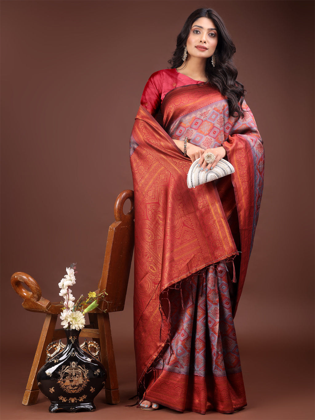 Shree Shyam Fashion Majestic Red & Grey Silk Saree with Rich Woven Pallu - A Regal Touch for Special Moments