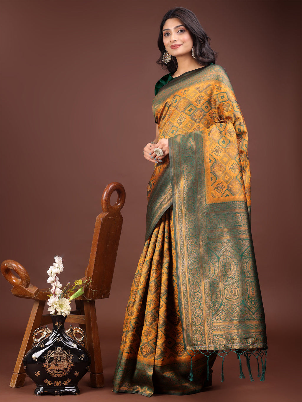 Shree Shyam Fashion Majestic Green & Yellow Silk Saree with Rich Woven Pallu - A Regal Touch for Special Moments