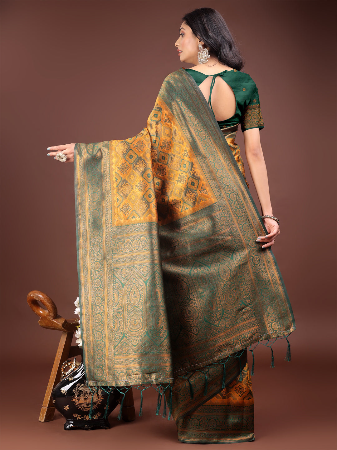 Shree Shyam Fashion Majestic Green & Yellow Silk Saree with Rich Woven Pallu - A Regal Touch for Special Moments