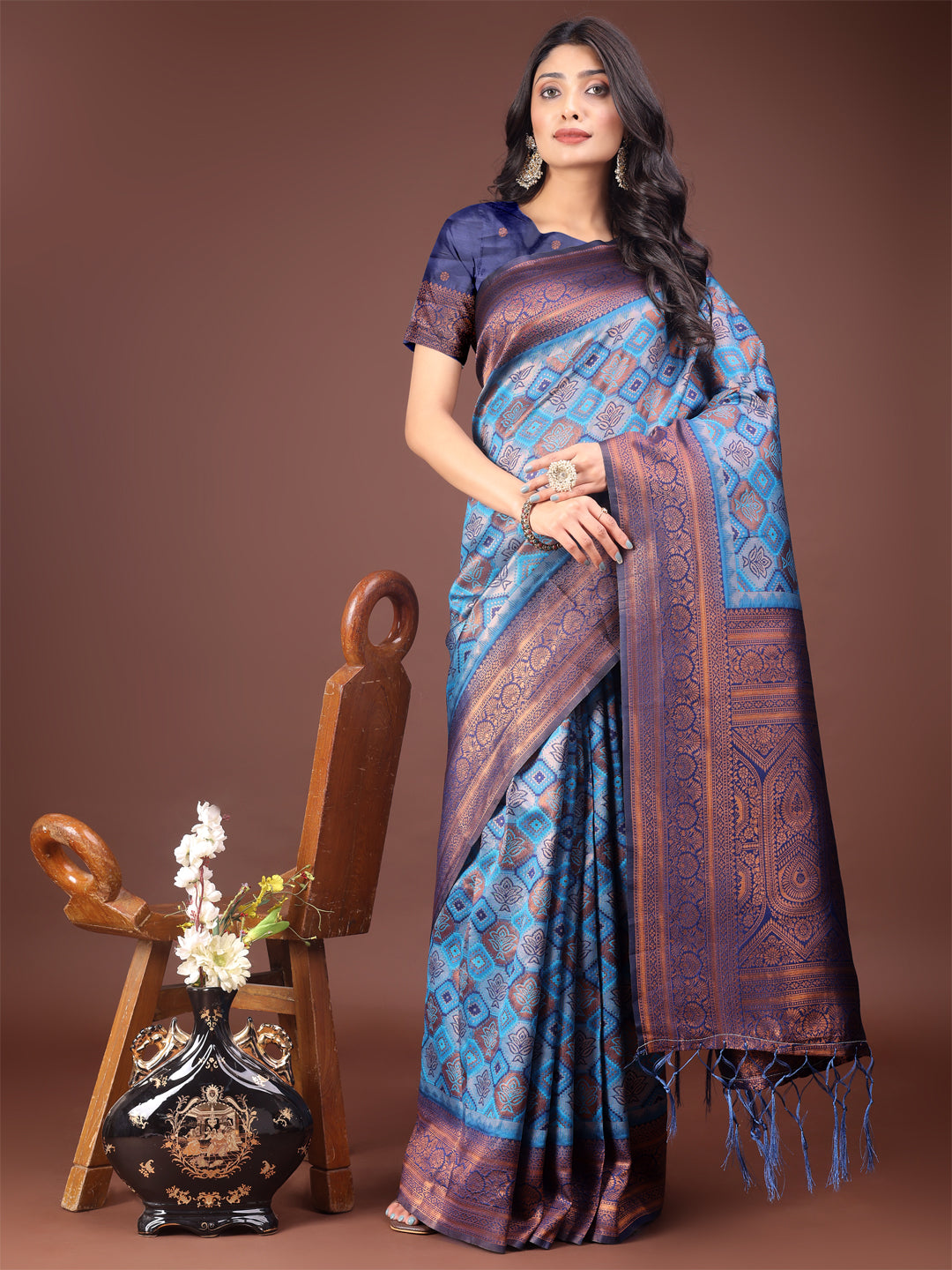 Shree Shyam Fashion Majestic Red & Sky Blue Silk Saree with Rich Woven Pallu - A Regal Touch for Special Moments
