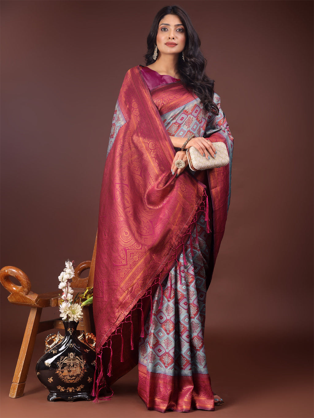 Shree Shyam Fashion Majestic Red & Teal Silk Saree with Rich Woven Pallu - A Regal Touch for Special Moments