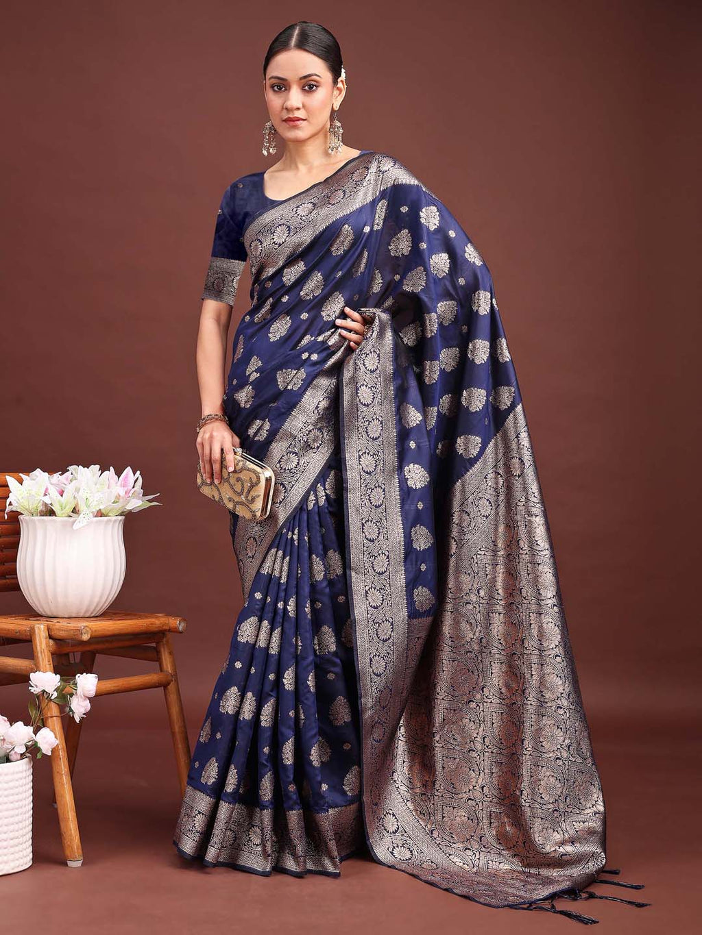 Shree Shyam Fashion Navy Blue Banarasi Silk Saree with Zari Weaving - A Timeless Tale of Elegance - Distacart