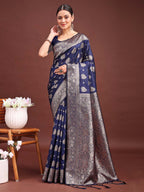 Shree Shyam Fashion Navy Blue Banarasi Silk Saree with Zari Weaving - A Timeless Tale of Elegance - Distacart