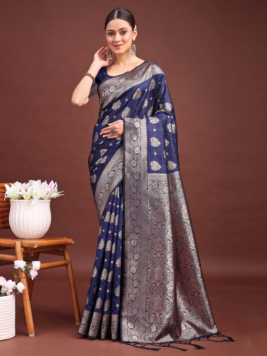 Shree Shyam Fashion Navy Blue Banarasi Silk Saree with Zari Weaving - A Timeless Tale of Elegance - Distacart