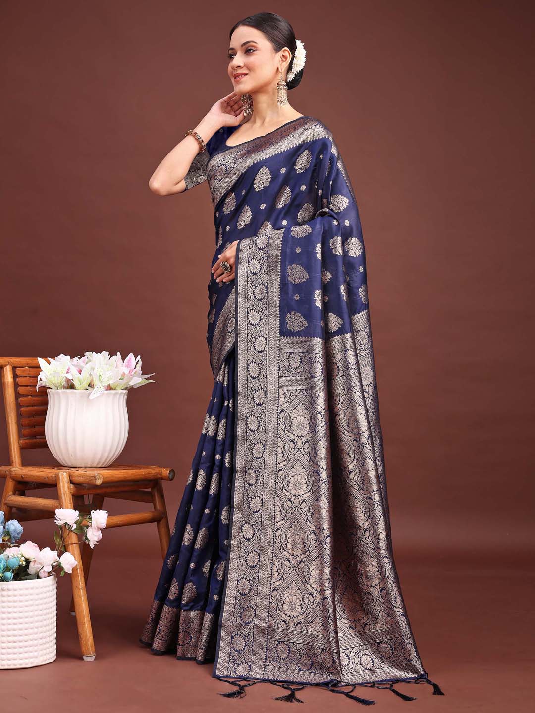 Shree Shyam Fashion Navy Blue Banarasi Silk Saree with Zari Weaving - A Timeless Tale of Elegance - Distacart