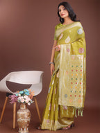 Shree Shyam Fashion Elegant Olive Green Linen Cotton Saree with Zari Border & Woven Motifs - Perfect for Sophisticated Everyday & Festive Looks - Distacart