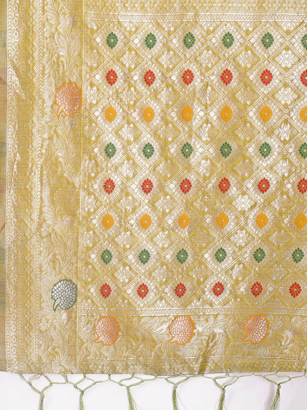 Shree Shyam Fashion Elegant Olive Green Linen Cotton Saree with Zari Border & Woven Motifs - Perfect for Sophisticated Everyday & Festive Looks - Distacart