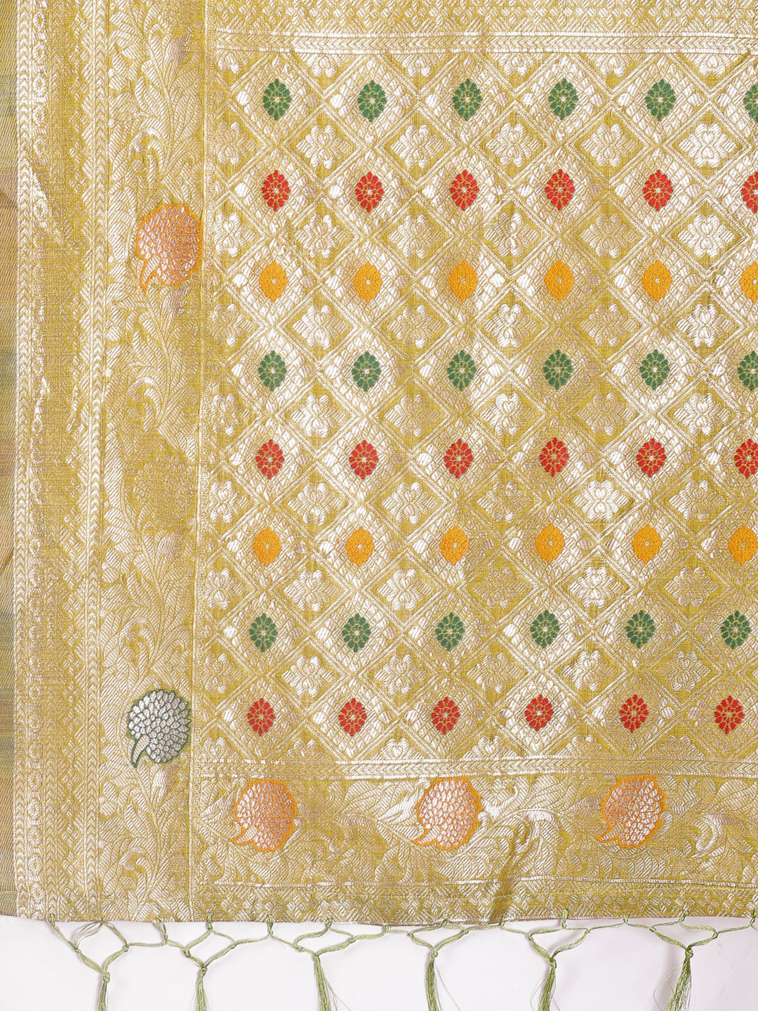 Shree Shyam Fashion Elegant Olive Green Linen Cotton Saree with Zari Border & Woven Motifs - Perfect for Sophisticated Everyday & Festive Looks - Distacart