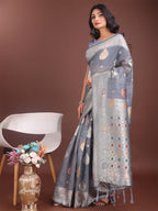 Shree Shyam Fashion Elegant Grey Linen Cotton Saree with Zari Border & Woven Motifs - Perfect for Sophisticated Everyday & Festive Looks - Distacart