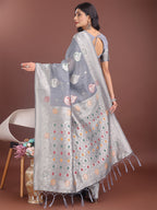 Shree Shyam Fashion Elegant Grey Linen Cotton Saree with Zari Border & Woven Motifs - Perfect for Sophisticated Everyday & Festive Looks - Distacart