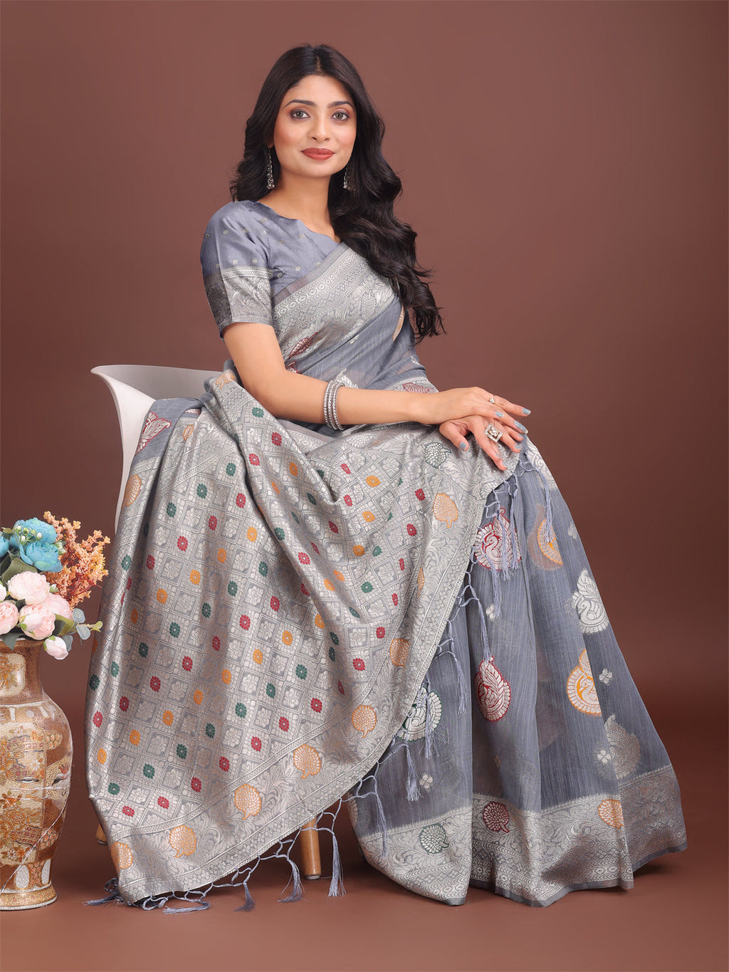Shree Shyam Fashion Elegant Grey Linen Cotton Saree with Zari Border & Woven Motifs - Perfect for Sophisticated Everyday & Festive Looks - Distacart