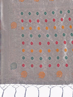 Shree Shyam Fashion Elegant Grey Linen Cotton Saree with Zari Border & Woven Motifs - Perfect for Sophisticated Everyday & Festive Looks - Distacart
