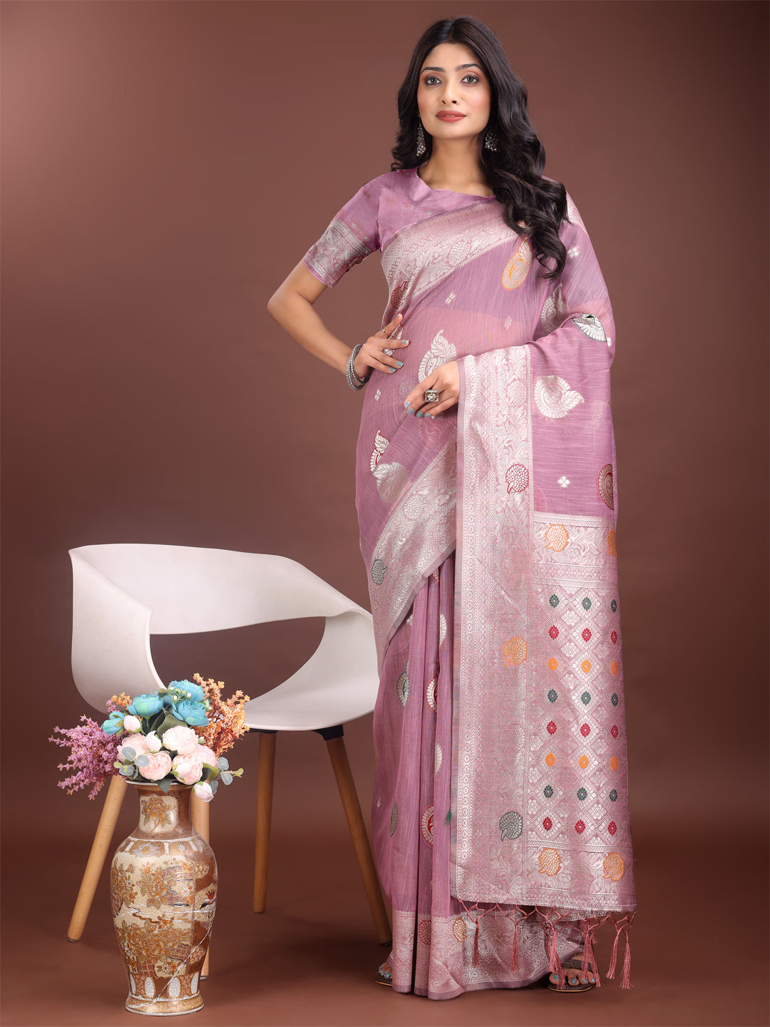 Shree Shyam Fashion Elegant Purple Linen Cotton Saree with Zari Border & Woven Motifs - Perfect for Sophisticated Everyday & Festive Looks - Distacart