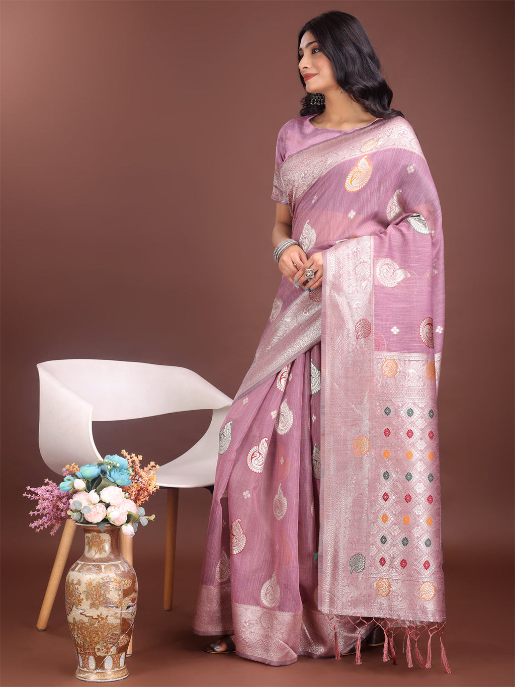 Shree Shyam Fashion Elegant Purple Linen Cotton Saree with Zari Border & Woven Motifs - Perfect for Sophisticated Everyday & Festive Looks - Distacart
