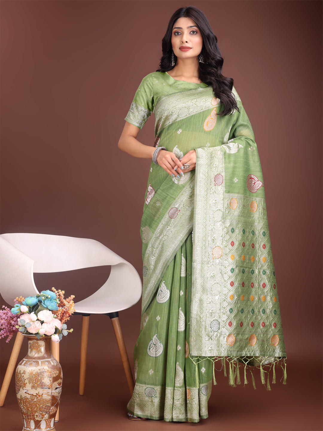 Shree Shyam Fashion Elegant Light Green Linen Cotton Saree with Zari Border & Woven Motifs - Perfect for Sophisticated Everyday & Festive Looks - Distacart