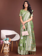 Shree Shyam Fashion Elegant Light Green Linen Cotton Saree with Zari Border & Woven Motifs - Perfect for Sophisticated Everyday & Festive Looks - Distacart