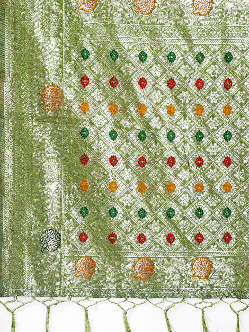 Shree Shyam Fashion Elegant Light Green Linen Cotton Saree with Zari Border & Woven Motifs - Perfect for Sophisticated Everyday & Festive Looks - Distacart