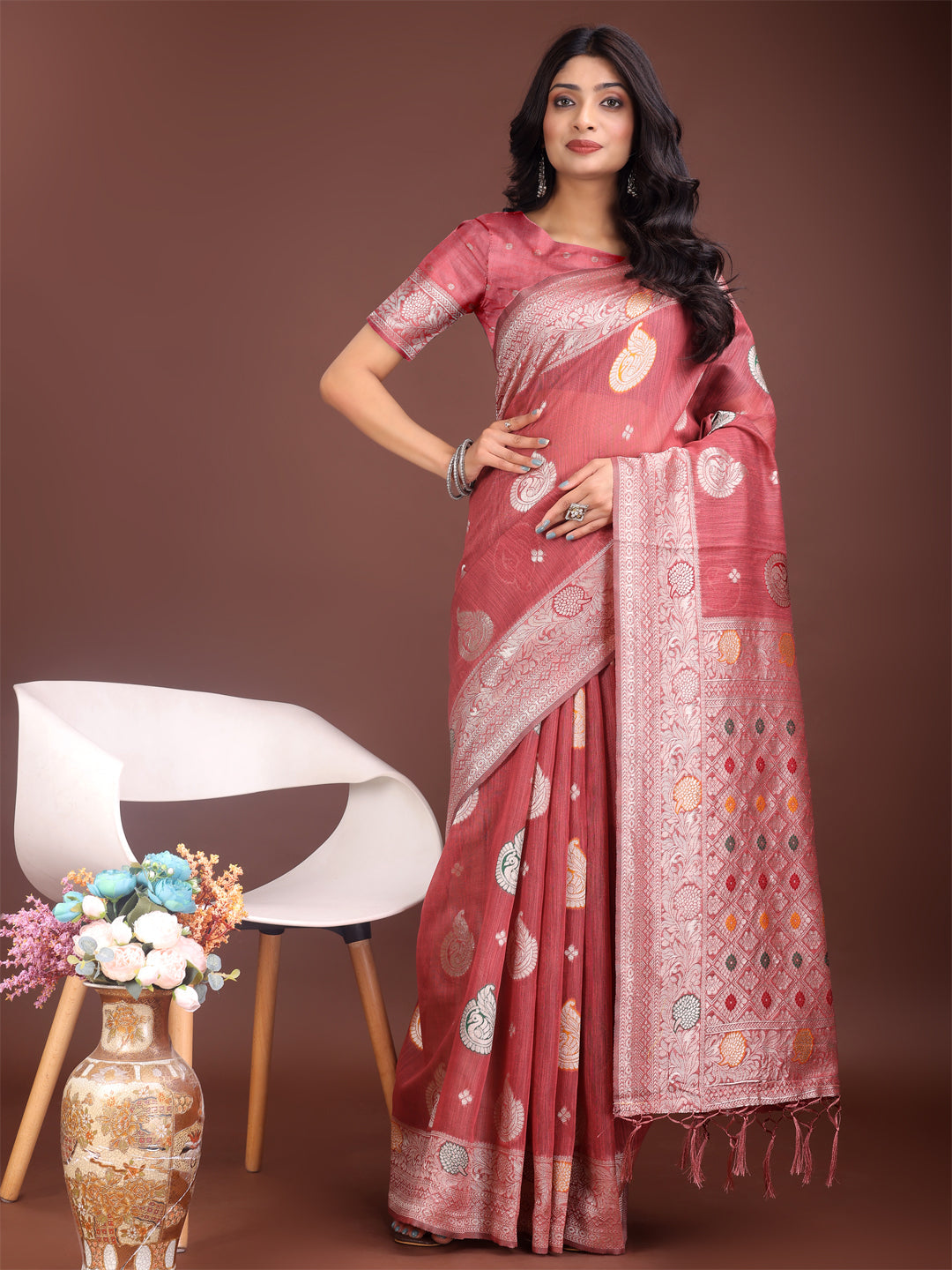 Shree Shyam Fashion Elegant Pink Linen Cotton Saree with Zari Border & Woven Motifs - Perfect for Sophisticated Everyday & Festive Looks - Distacart