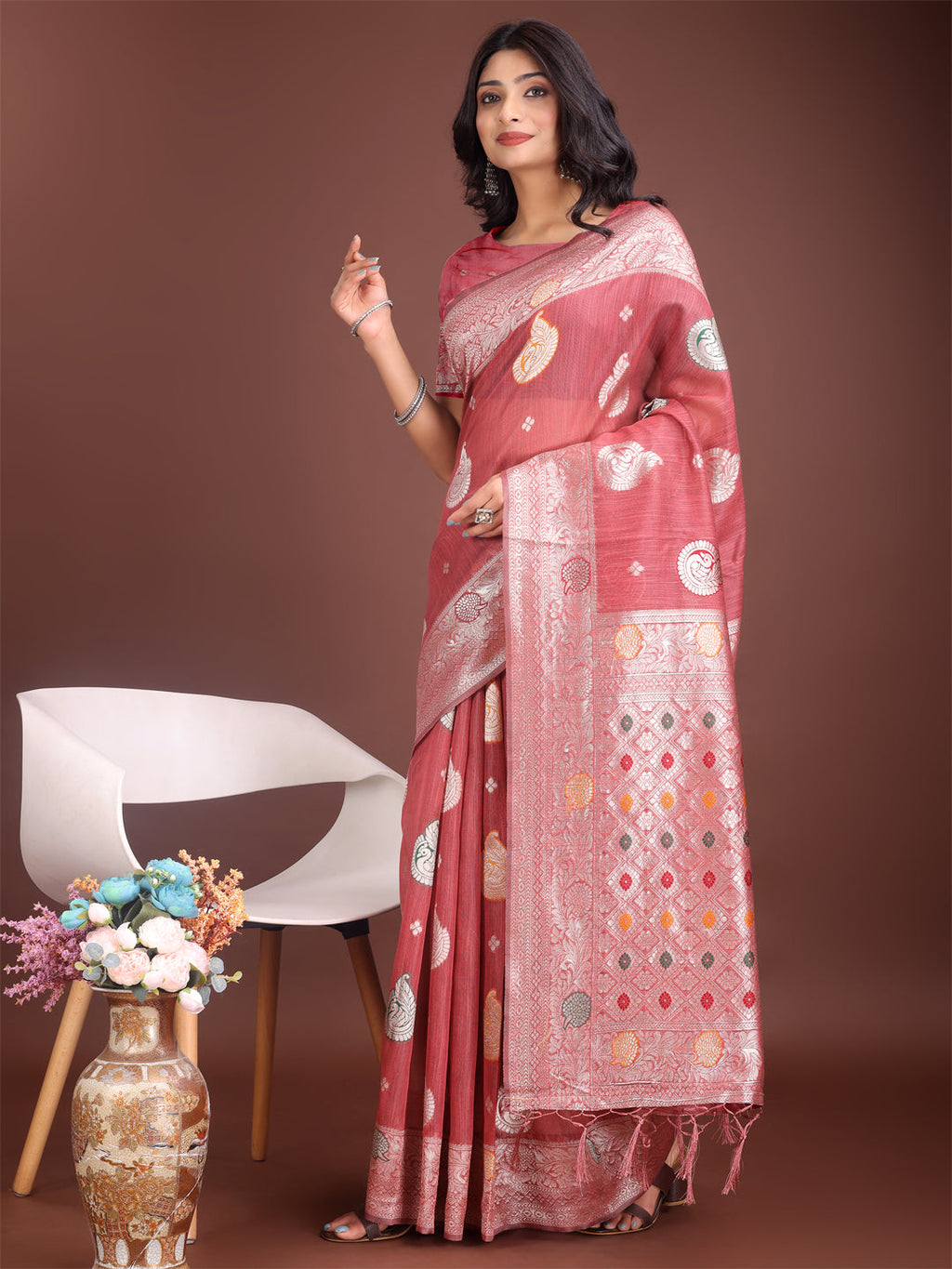 Shree Shyam Fashion Elegant Pink Linen Cotton Saree with Zari Border & Woven Motifs - Perfect for Sophisticated Everyday & Festive Looks - Distacart