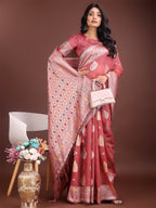 Shree Shyam Fashion Elegant Pink Linen Cotton Saree with Zari Border & Woven Motifs - Perfect for Sophisticated Everyday & Festive Looks - Distacart