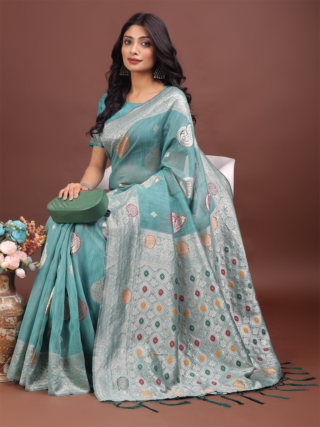 Shree Shyam Fashion Elegant Sea Green Linen Cotton Saree with Zari Border & Woven Motifs - Perfect for Sophisticated Everyday & Festive Looks - Distacart