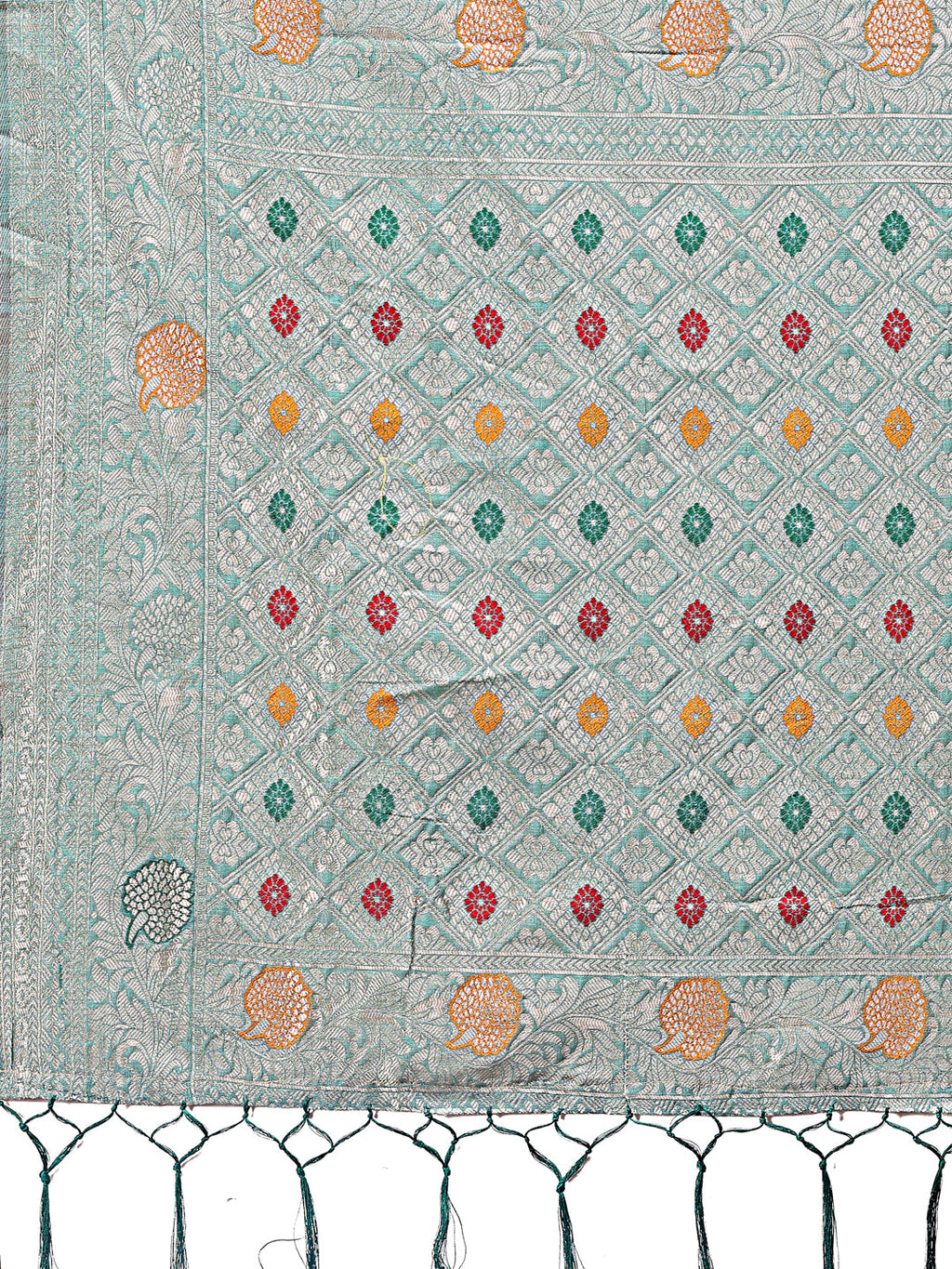 Shree Shyam Fashion Elegant Sea Green Linen Cotton Saree with Zari Border & Woven Motifs - Perfect for Sophisticated Everyday & Festive Looks - Distacart