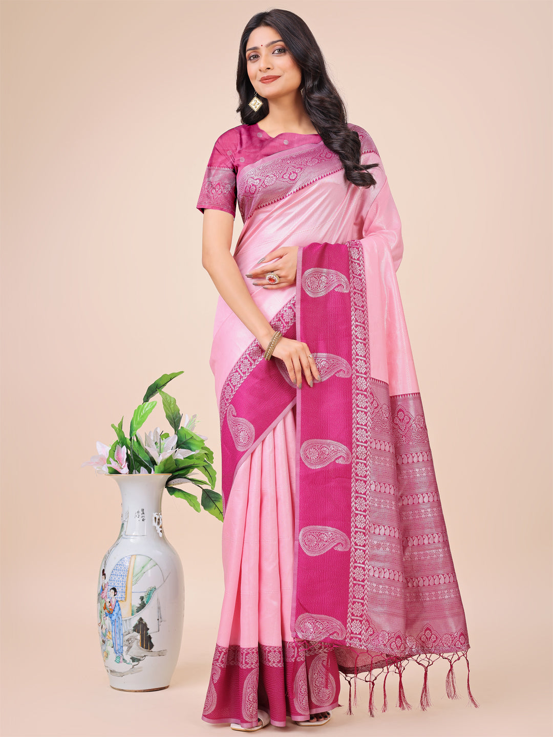 Shree Shyam Fashion Graceful Light & Dark Pink Silk Saree with Rich Woven Border & Paisley Pallu - Perfect for Festive & Wedding Wear