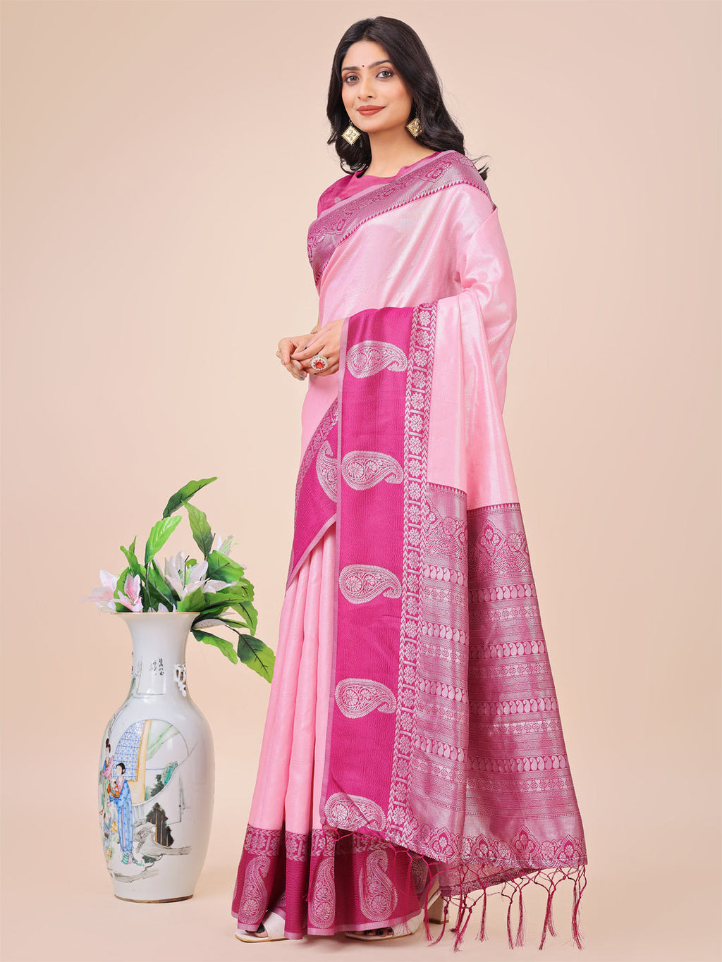 Shree Shyam Fashion Graceful Light & Dark Pink Silk Saree with Rich Woven Border & Paisley Pallu - Perfect for Festive & Wedding Wear