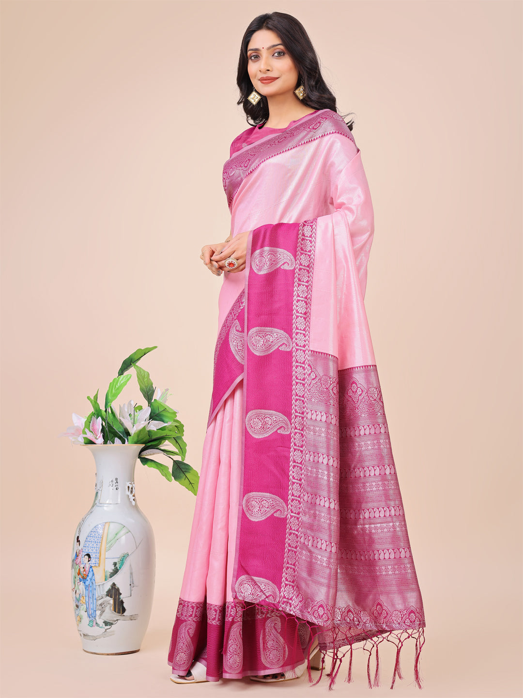 Shree Shyam Fashion Graceful Light & Dark Pink Silk Saree with Rich Woven Border & Paisley Pallu - Perfect for Festive & Wedding Wear
