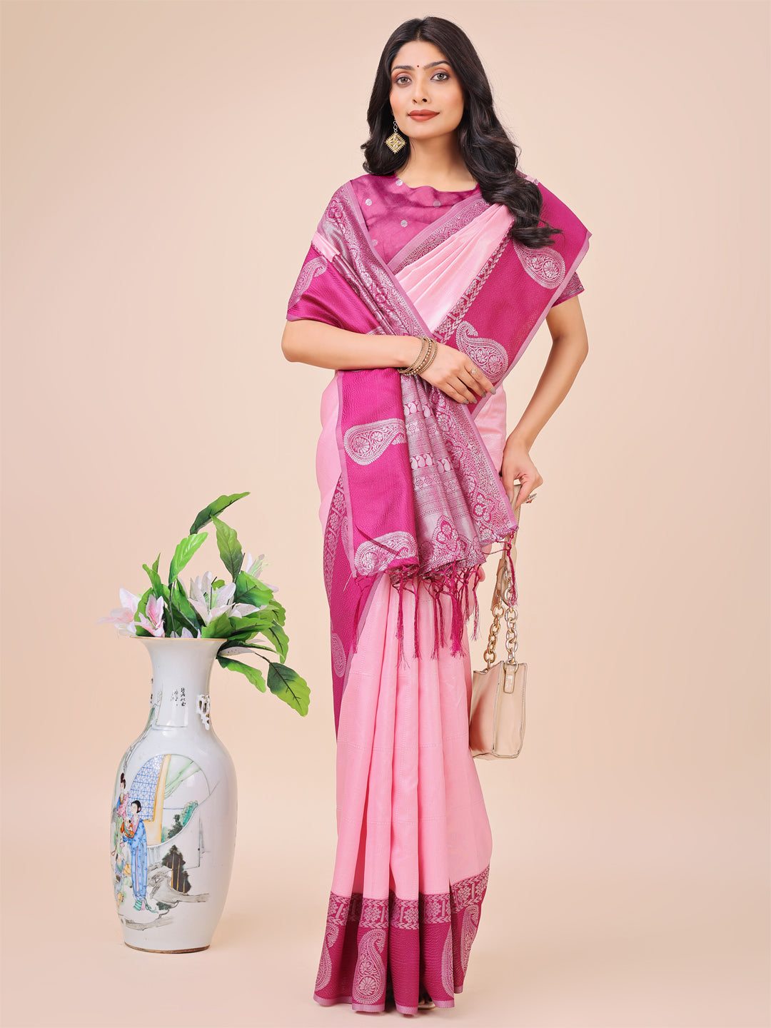Shree Shyam Fashion Graceful Light & Dark Pink Silk Saree with Rich Woven Border & Paisley Pallu - Perfect for Festive & Wedding Wear