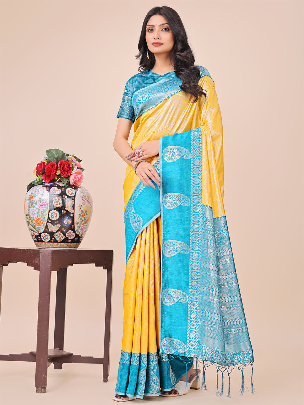 Shree Shyam Fashion Graceful Light & Dark Yellow Silk Saree with Rich Woven Border & Paisley Pallu - Perfect for Festive & Wedding Wear
