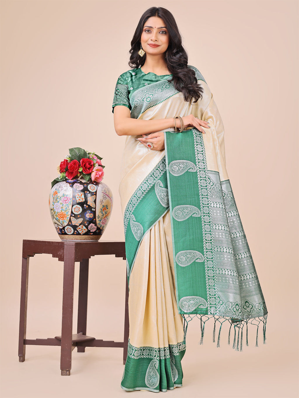 Shree Shyam Fashion Graceful Light & Dark Cream Silk Saree with Rich Woven Border & Paisley Pallu - Perfect for Festive & Wedding Wear