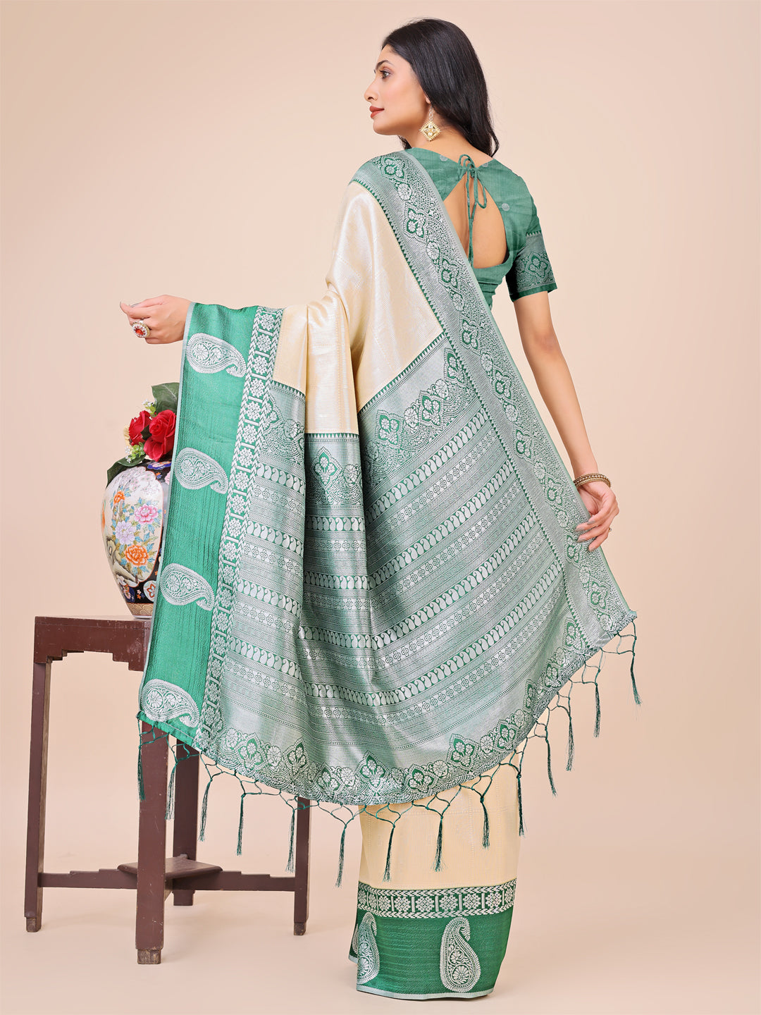 Shree Shyam Fashion Graceful Light & Dark Cream Silk Saree with Rich Woven Border & Paisley Pallu - Perfect for Festive & Wedding Wear