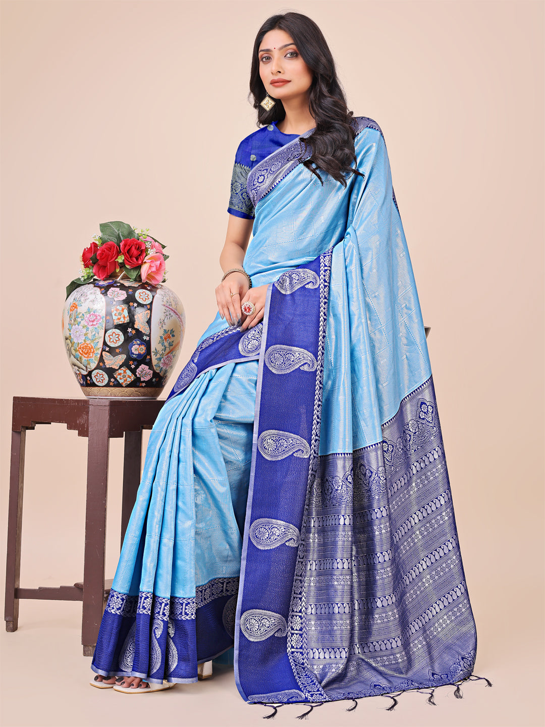 Shree Shyam Fashion Graceful Light & Dark Sky Blue Silk Saree with Rich Woven Border & Paisley Pallu - Perfect for Festive & Wedding Wear