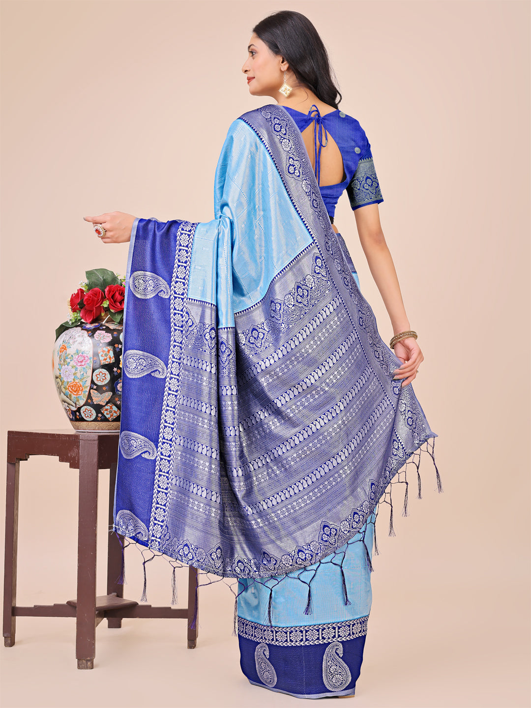 Shree Shyam Fashion Graceful Light & Dark Sky Blue Silk Saree with Rich Woven Border & Paisley Pallu - Perfect for Festive & Wedding Wear