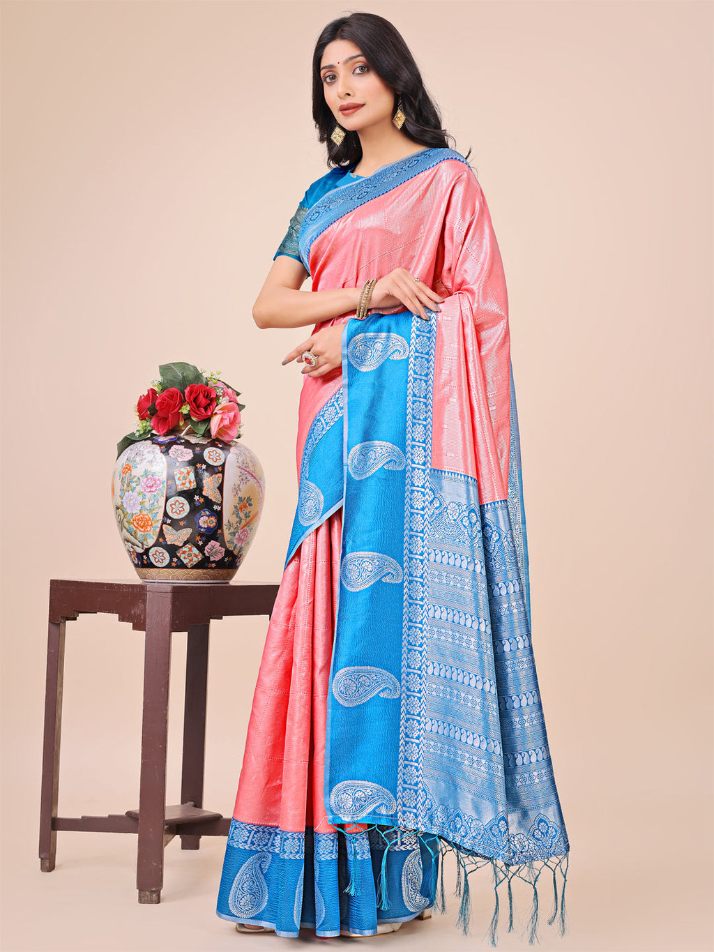 Shree Shyam Fashion Graceful Light & Dark Peach Silk Saree with Rich Woven Border & Paisley Pallu - Perfect for Festive & Wedding Wear