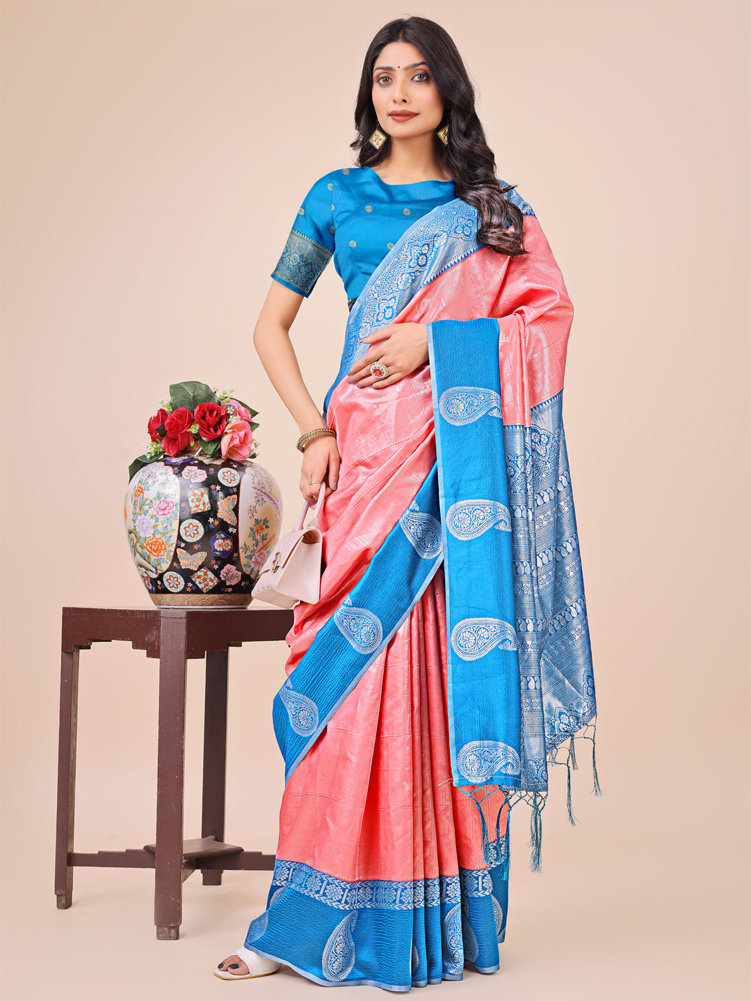 Shree Shyam Fashion Graceful Light & Dark Peach Silk Saree with Rich Woven Border & Paisley Pallu - Perfect for Festive & Wedding Wear